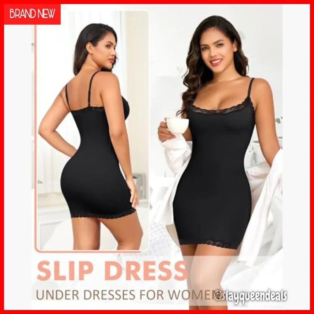 Adjustable Spaghetti Strap Full Slip Dress, Lace Trim, Nylon Spandex Blend